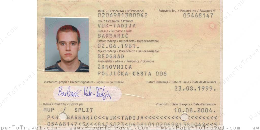 « Biodata Page » Republic of Croatia : International Passport (1999 — 2004)