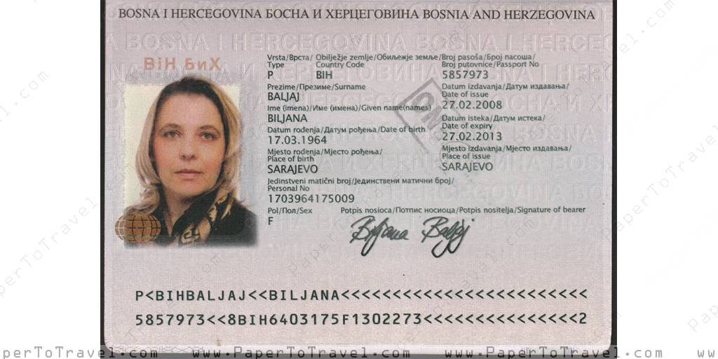 « BIODATA PAGE » Bosnia and Herzegovina : International Passport (2008